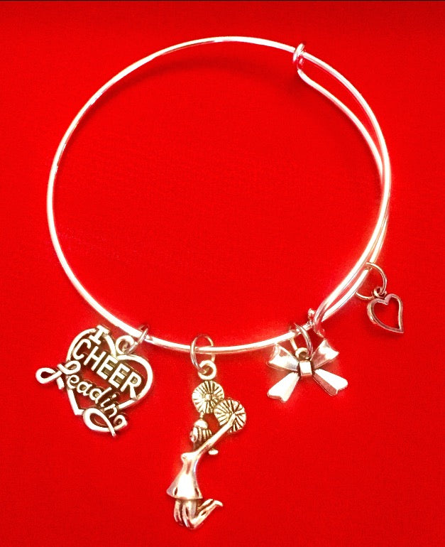 I Love Cheerleading Charm Bracelet with Bow - Silver - Cheer and Dance On Demand