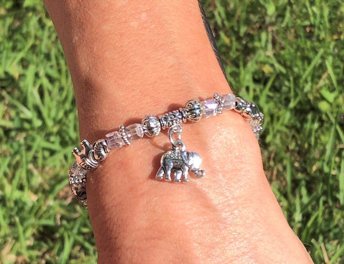 Elephant Stretch Bracelet - Crystal Bead Bracelet 13 Colors - ICE WHITE , Good Luck Strength and Wisdom Symbol - Cheer and Dance On Demand