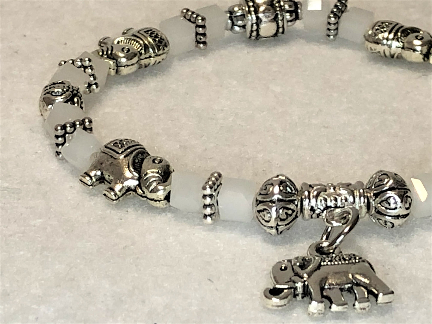 Elephant Stretch Bracelet - Crystal Bead Bracelet 13 Colors - ICE WHITE , Good Luck Strength and Wisdom Symbol - Cheer and Dance On Demand