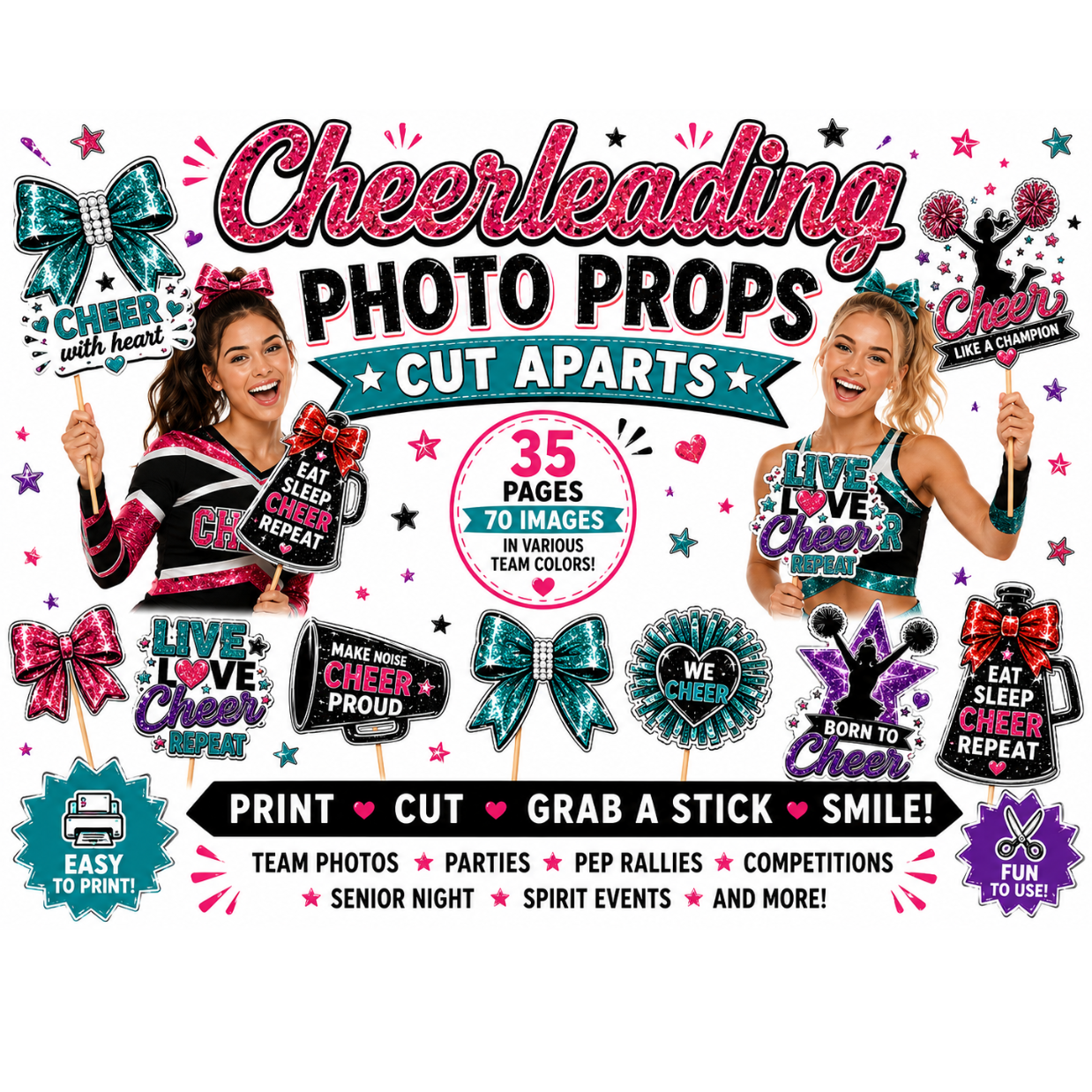 Cheerleading Photo Props Cut Aparts | 35+ Pages | 70 Full-Color Photo Props | Instant Download