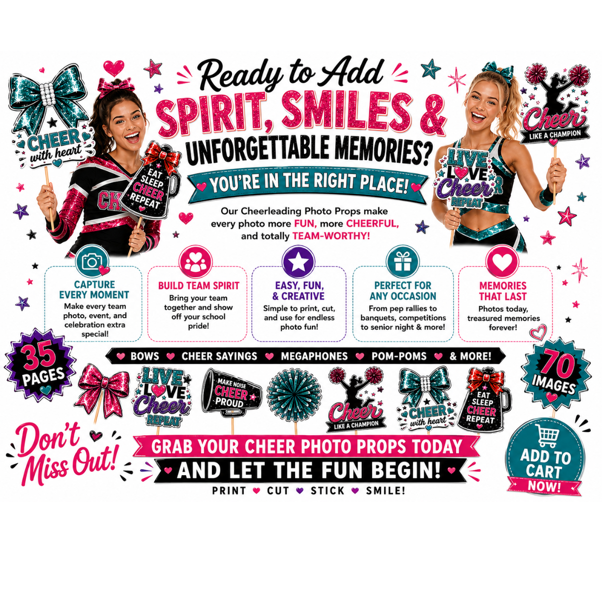 Cheerleading Photo Props Cut Aparts | 35+ Pages | 70 Full-Color Photo Props | Instant Download
