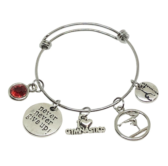 Gymnastics Charm Personalized Bracelet - Never Give Up! - Cheer and Dance On Demand