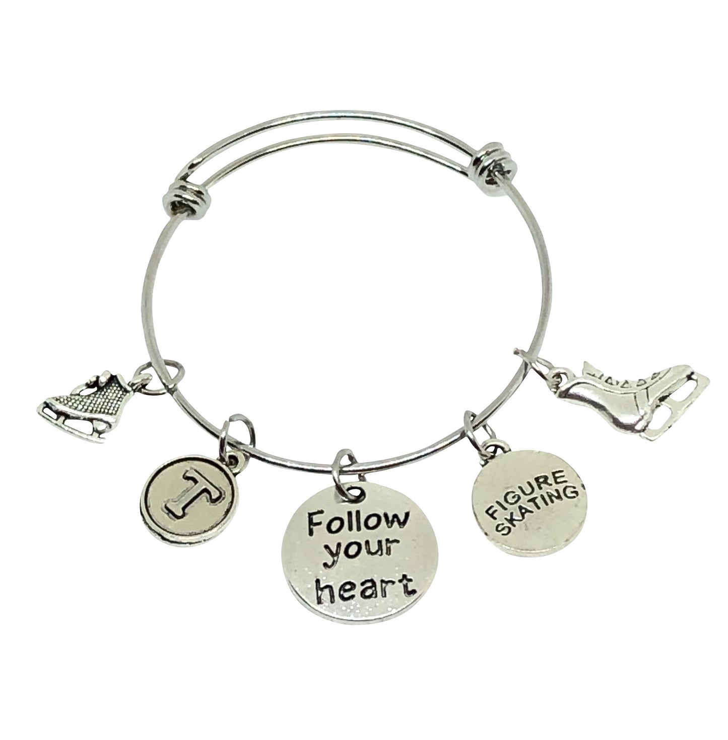 Ice Skating Bangle Personalized Charm Bracelet - Follow Your Heart - Cheer and Dance On Demand