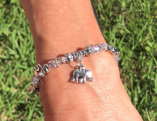 Elephant Stretch Bracelet - Crystal Bead Bracelet 13 COLORS - Peridot Green Crystal, Good Luck Strength and Wisdom Symbol - Cheer and Dance On Demand