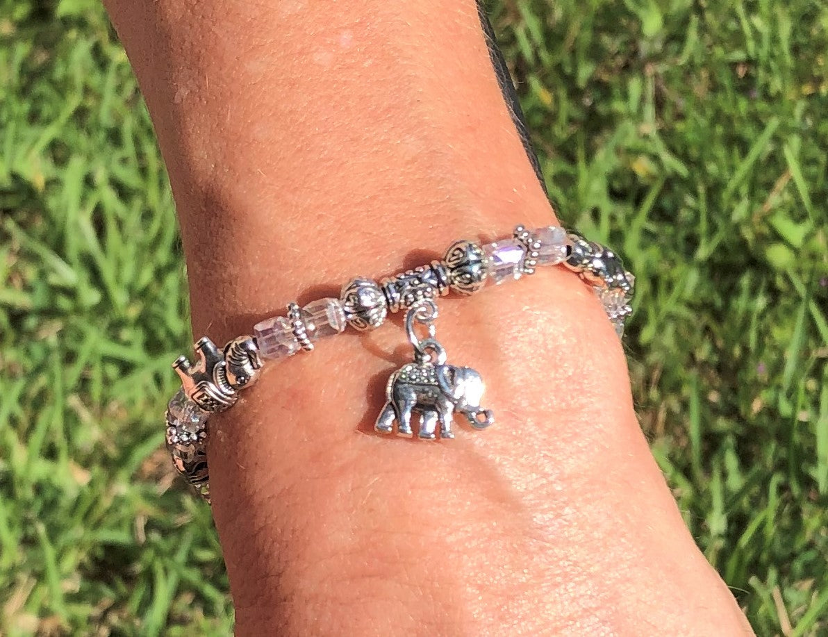 Elephant Stretch Bracelet - Crystal Bead Bracelet 13 Colors - CRYSTAL BABY BLUE , Good Luck Strength and Wisdom Symbol - Cheer and Dance On Demand