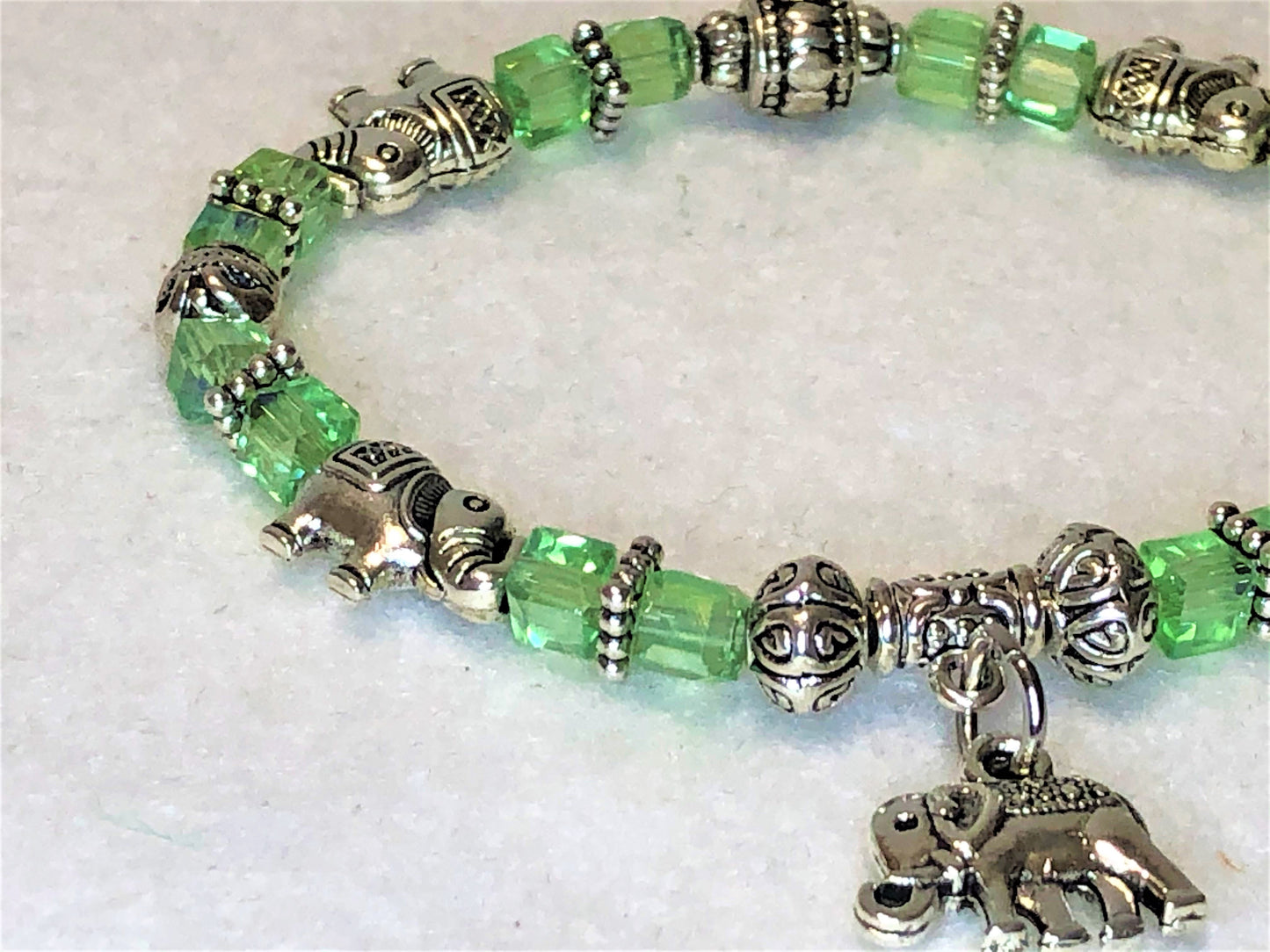 Elephant Stretch Bracelet - Crystal Bead Bracelet 13 COLORS - Peridot Green Crystal, Good Luck Strength and Wisdom Symbol - Cheer and Dance On Demand