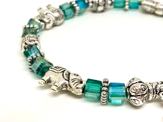 Elephant Stretch Bracelet - Crystal Bead Bracelet 13 COLORS - Teal Green Crystal, Good Luck Strength and Wisdom Symbol - Cheer and Dance On Demand