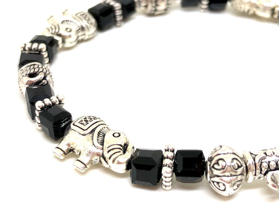 Elephant Stretch Bracelet - Crystal Bead Bracelet 13 COLORS - ONYX BLACK, Good Luck Strength and Wisdom Symbol - Cheer and Dance On Demand