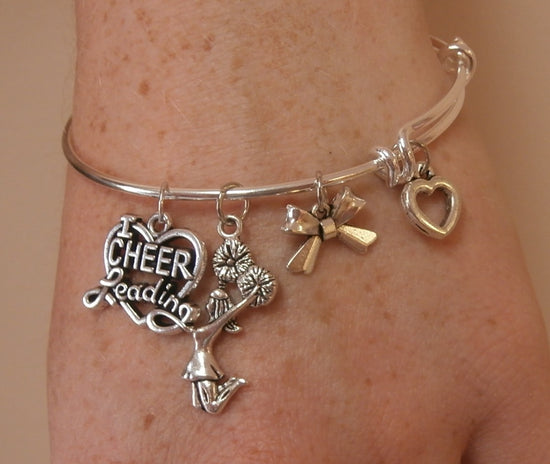 I Love Cheerleading Charm Bracelet with Bow - Silver - Cheer and Dance On Demand