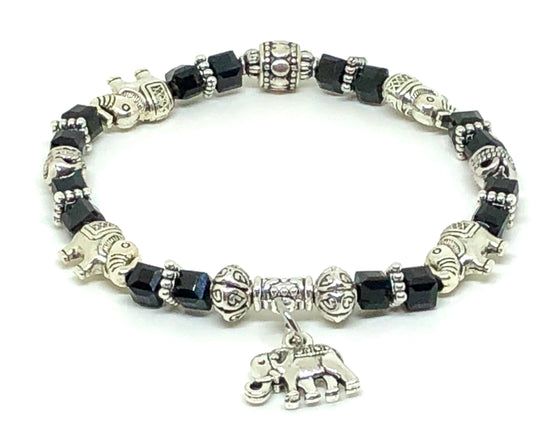 Elephant Stretch Bracelet - Crystal Bead Bracelet 13 COLORS - ONYX BLACK, Good Luck Strength and Wisdom Symbol - Cheer and Dance On Demand