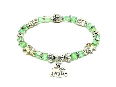 Elephant Stretch Bracelet - Crystal Bead Bracelet 13 COLORS - Peridot Green Crystal, Good Luck Strength and Wisdom Symbol - Cheer and Dance On Demand