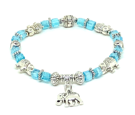 Elephant Stretch Bracelet - Crystal Bead Bracelet 13 Colors - CRYSTAL BABY BLUE , Good Luck Strength and Wisdom Symbol - Cheer and Dance On Demand