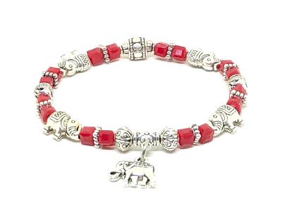 Elephant Stretch Bracelet - Crystal Bead Bracelet 13 COLORS - GARNET RED, Good Luck Strength and Wisdom Symbol - Cheer and Dance On Demand
